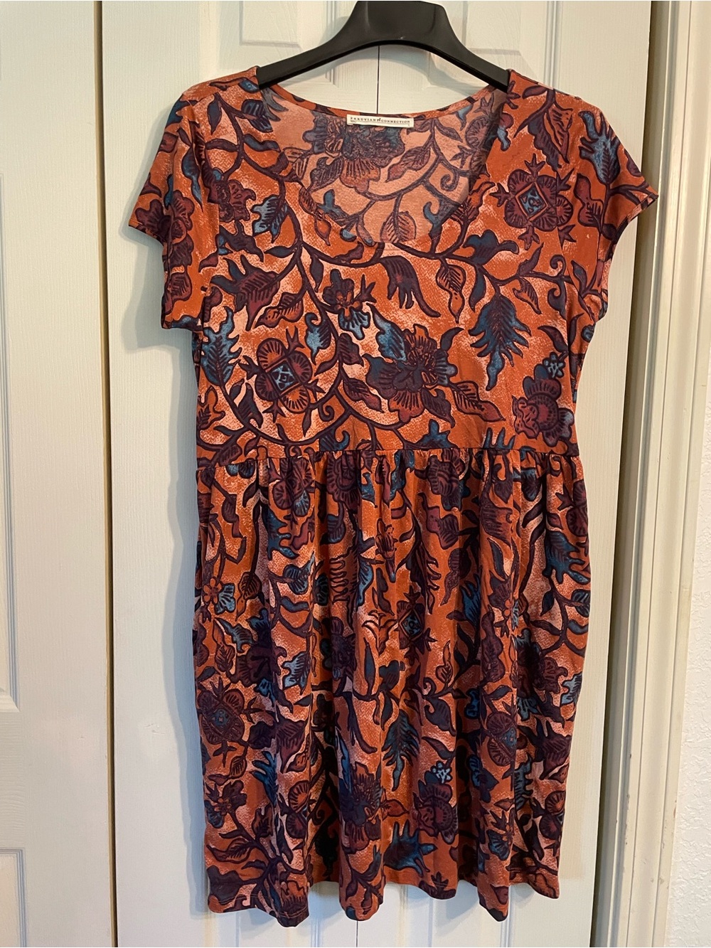 Peruvian Connection Rust Floral Babydoll Dress with Navy & Teal Accents